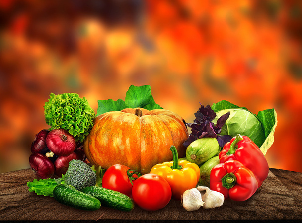 Autumn nature concept. Fall fruit and vegetables on wood. Thanks - Photo, Image
