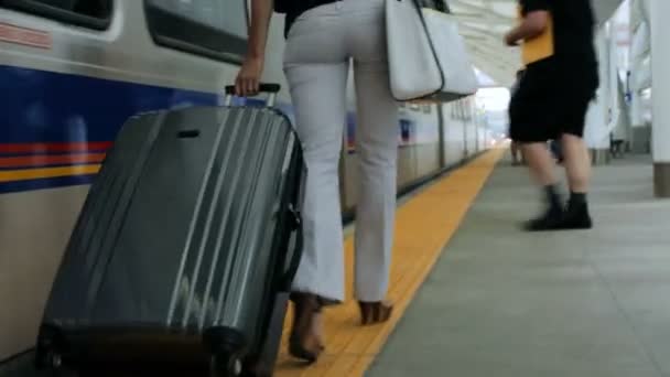 donna con valigia sul marciapiede alla stazione
. - Filmati, video