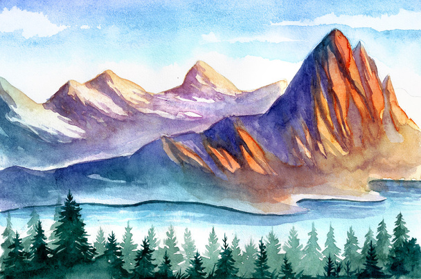 watercolor mountains landscape illustration - Photo, Image