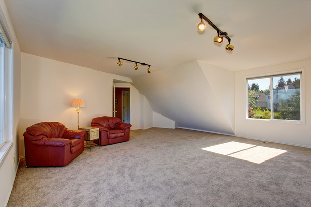 Светлая просторная гостиная наверху со сводчатым потолком
. - Фото, изображение