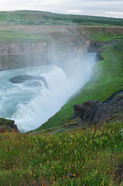 Iceland: panoramic view of the Gullfoss waterfall after the midnight sunset - Photo, Image
