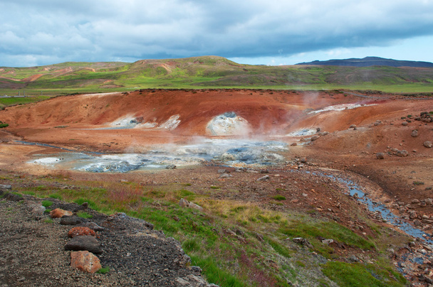 Hverir、ミーヴァトン地域における地熱地域のミネラル堆積物が付いているアイスランド: 土  - 写真・画像