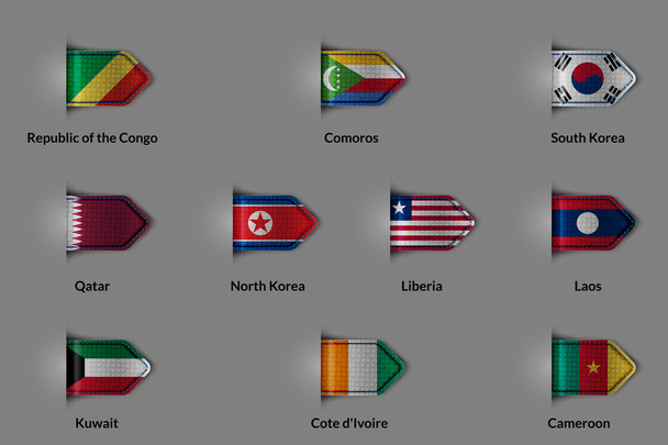 Set of flags in the form of a glossy textured label or bookmark. Congo Comoros South Korea Qatar North Korea Liberia Laos Kuwait Ivory Coast Cameroon. - Vetor, Imagem