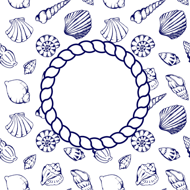Mar conchas azul marino círculo cuerda marco textura fondo vector
 - Vector, Imagen