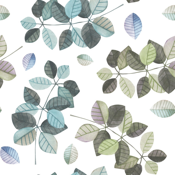 Seamless pattern with the watercolor branches with blue and grey leaves, hand painted on a white background - Photo, Image