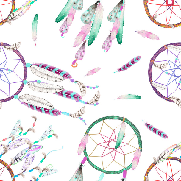Seamless pattern with watercolor dreamcatchers and feathers in the air, hand drawn on a white background - Foto, Imagem