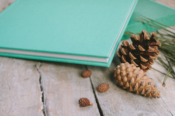 The blue book on a wooden background with cones and cinnamon. - Foto, Imagem