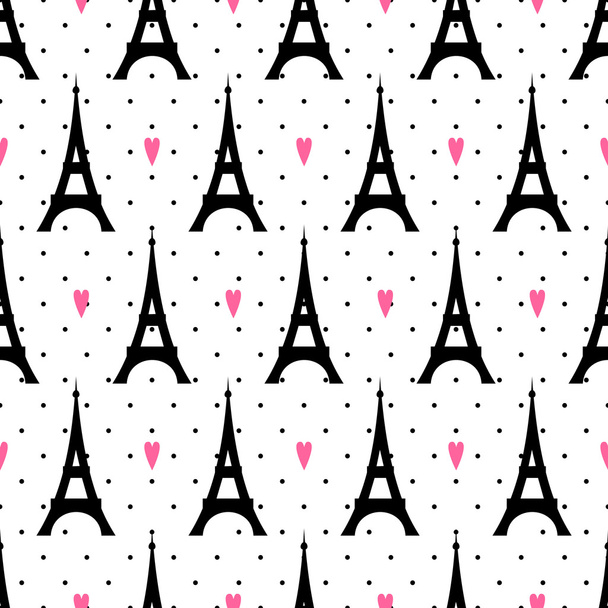 Tour Eiffel with hearts seamless pattern on polka dot background. - Vector, Image