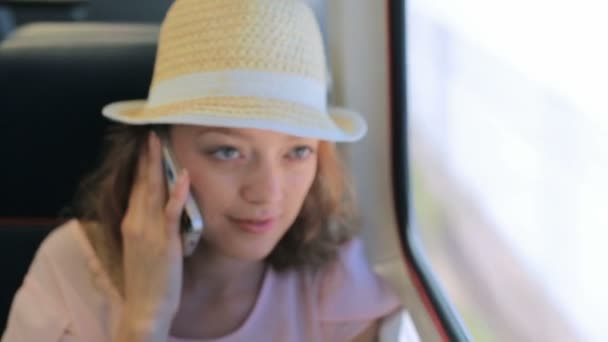 γυναίκα μιλάει στο τηλέφωνο ενώ ταξιδεύετε  - Πλάνα, βίντεο