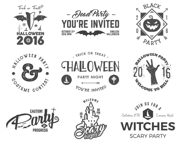 Halloween 2016 Partei Etikettenvorlagen mit beängstigend Symbole - Zombiehand, Hexenhut, Fledermaus, Kürbis und Typografie Elemente. Verwendung für Partei-Plakate, Flyer, Einladungen. Auf-t-Shirt, t-Shirt und andere Identität - Vektor, Bild