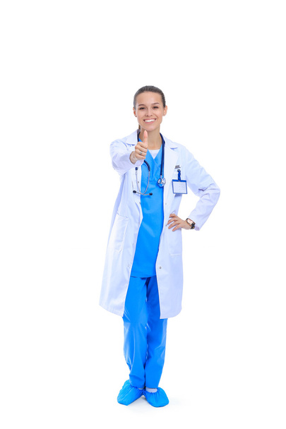 A female doctor showing ok, isolated on white background - Φωτογραφία, εικόνα