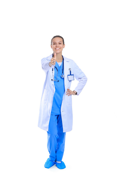 A female doctor showing ok, isolated on white background - Fotografie, Obrázek