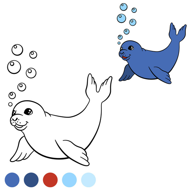 Coloring page with colors. Little cute baby seal swims. - Vektor, Bild
