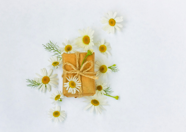 White background with gift box and flowers chamomile - Photo, image