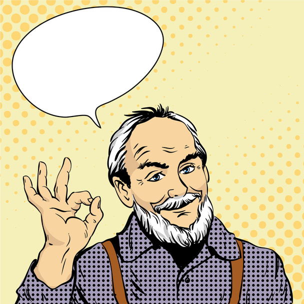 Old man shows OK hand sign. Vector illustration in retro comic pop art style. Design elements and stickers - Vector, Image