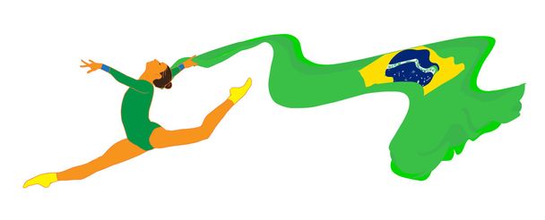 Rio zomer 2016. Jonge turnster vrouw in groene sportkleding jurk met Braziliaanse vlag, doen kunst Turnen element split sprong in de lucht. Geïsoleerd op een witte achtergrond. Abstracte illustratie. Hand getrokken. Brazilië-Sport. Zomer. Vlag van Brazilië. - Foto, afbeelding