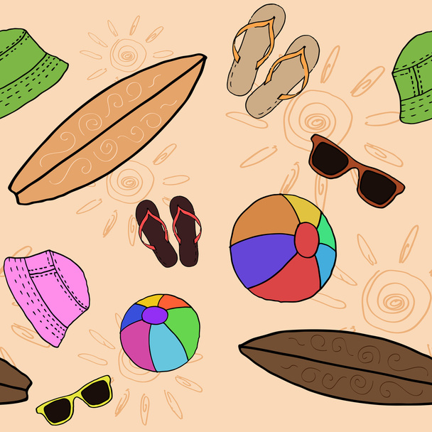 Yaz güneşli seamless modeli ile topları, sörf tahtası, güneş gözlüğü, şapka ve terlik - Vektör, Görsel