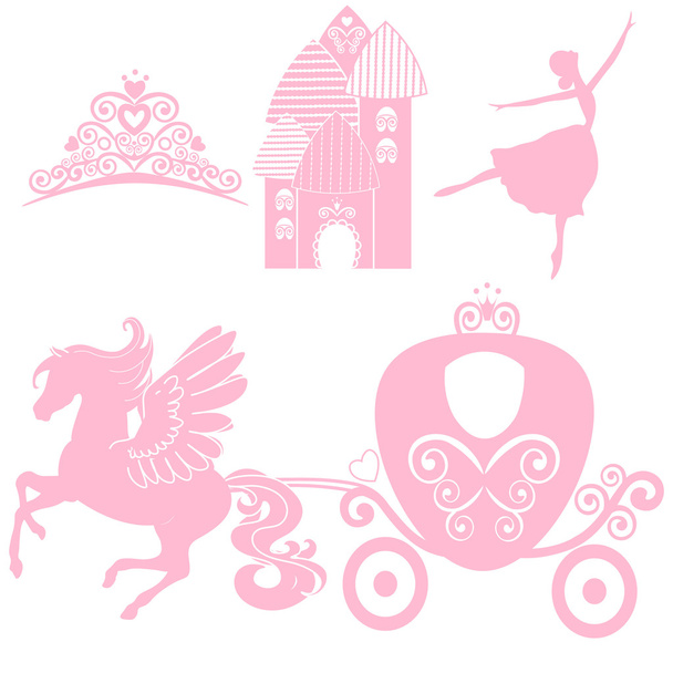 Cinderella set of collections. Crown, Vector illustration. design elements for little Princess, glamour girl. cards for birthday, wedding invitation. the carriage, the Palace, Pegasus, dancing, tiara. - Vector, Imagen