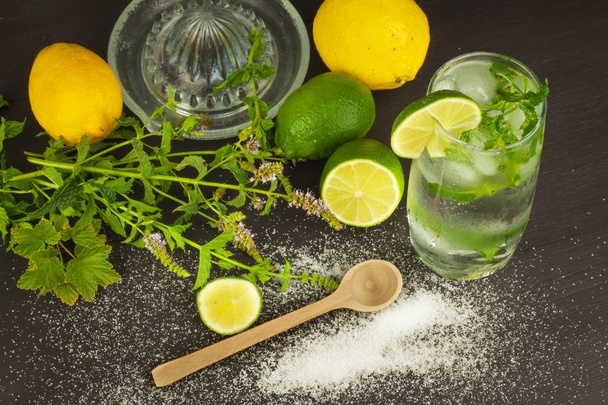 Homemade lemonade with fresh lemon and mint. Cool, refreshing dip in the hot summer. - Zdjęcie, obraz