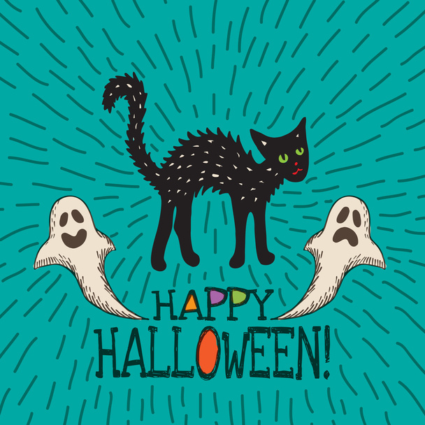 Cadılar Bayramı kartı el ile çizilmiş kara kedi ve hayaletler - Vektör, Görsel