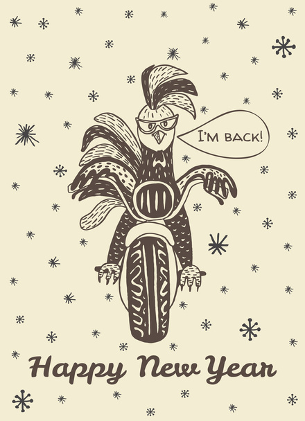Felice anno nuovo carta con disegnato a mano Gallo in moto
 - Vettoriali, immagini