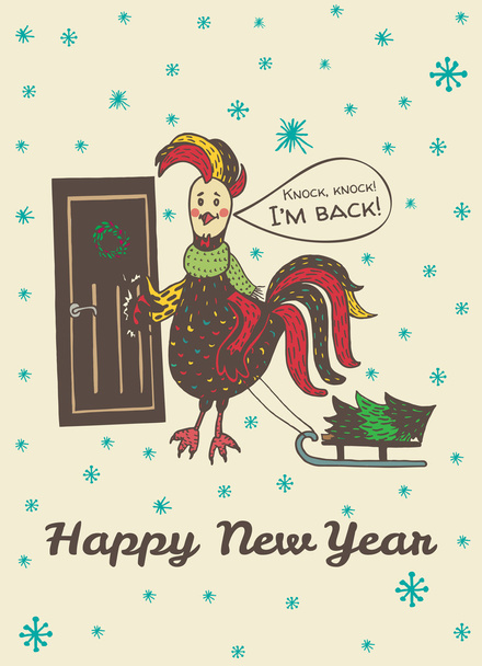 Carte du Nouvel An avec coq dessiné à la main frappant à la porte
 - Vecteur, image
