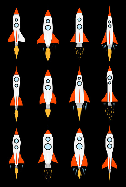 Set van vector kleurrijke raket pictogrammen geïsoleerd op zwart - Vector, afbeelding