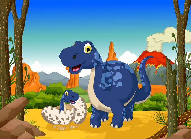 funny cute dinosaur cartoon with her baby in the jungle - Vector, Image