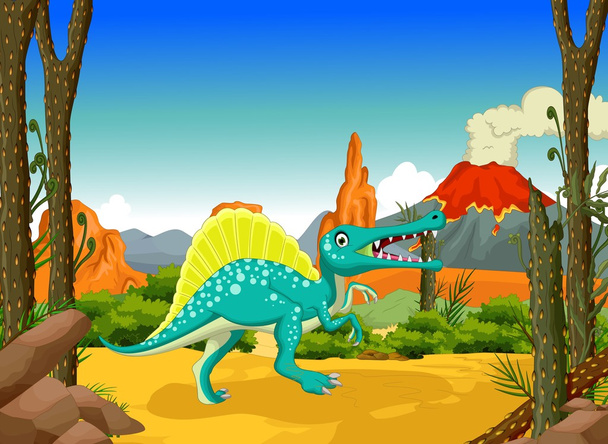 divertido dibujo animado de dinosaurios con fondo de paisaje de volcán
 - Vector, Imagen