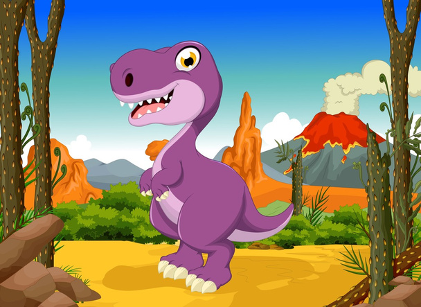 grappige tyrannosaurs cartoon met vulkaan landschap-achtergrond - Vector, afbeelding