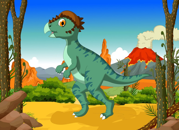 engraçado dinossauro Stegoceras desenhos animados com fundo paisagem vulcão
 - Vetor, Imagem