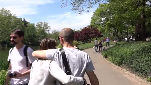 A couple hugging and walking at New York's Central park. Stabilized camera. New York, USA, May 11, 2016 - Felvétel, videó