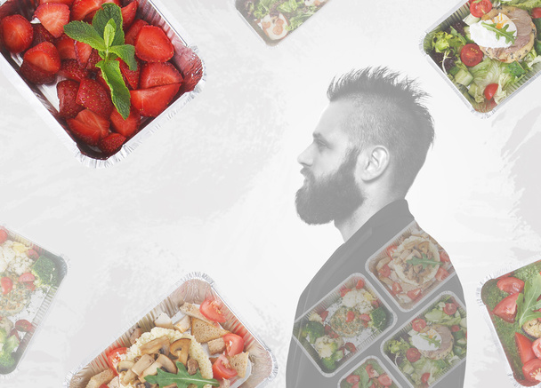 Υγιεινά τρόφιμα αφαιρέσει σε κουτιά και άνθρωπος πορτρέτο - Φωτογραφία, εικόνα