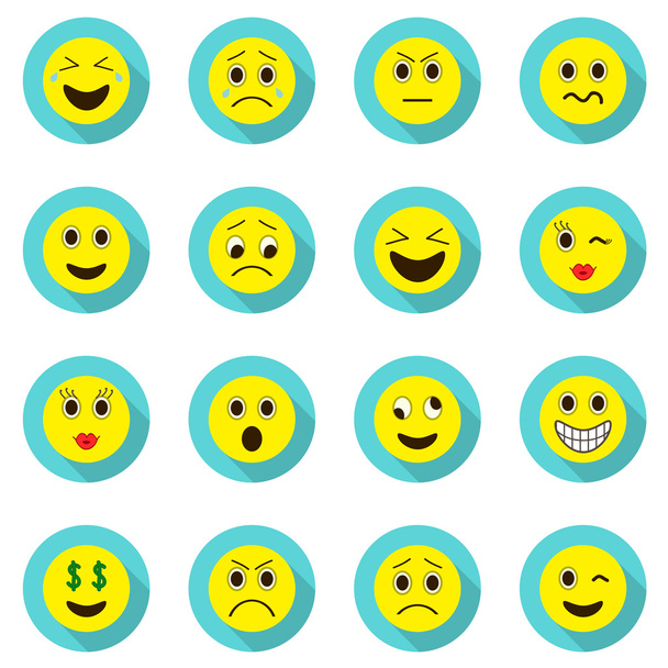 Set of Emoticons. Set of Emoji. Isolated vector illustration on white background. Emoji longshadow icons. - Vector, Image