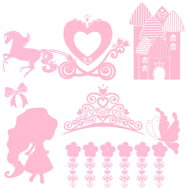 Cinderella set of collections. Crown, Vector illustration. design elements for little Princess, glamour girl. cards for birthday, wedding invitation. the carriage, the Palace, Pegasus, dancing, tiara. - Vector, Image