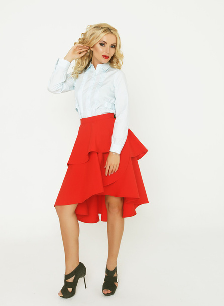 fashion model with luxury  hair  and red skirt - Φωτογραφία, εικόνα