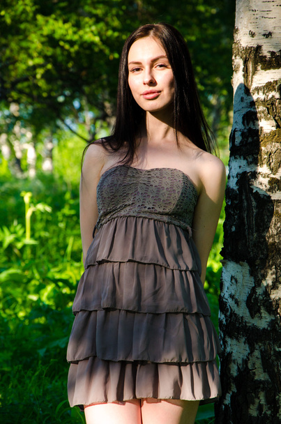 Brunette stands near the birch in forest. - Fotografie, Obrázek