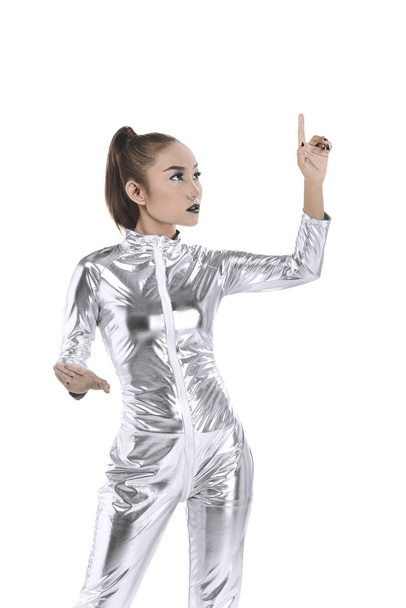 woman wearing silver latex suit - Фото, зображення
