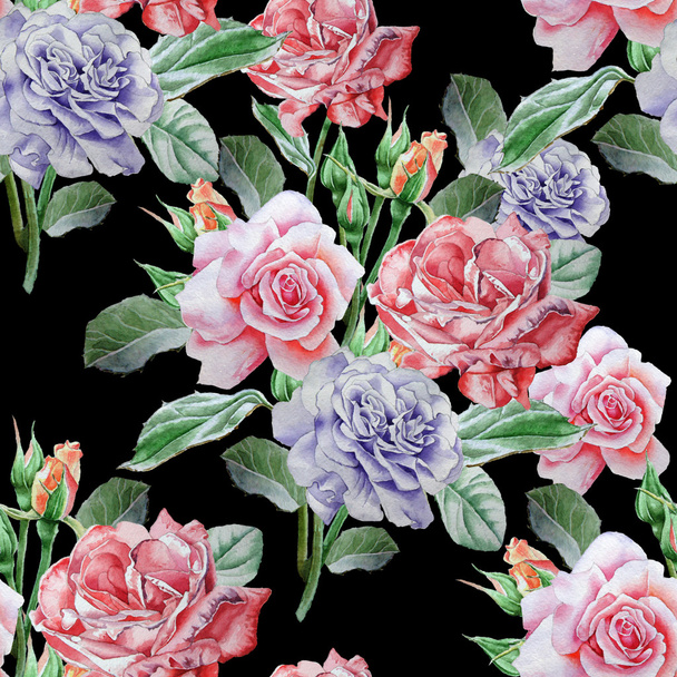 Seamless pattern with red roses. Watercolor illustration. - Φωτογραφία, εικόνα