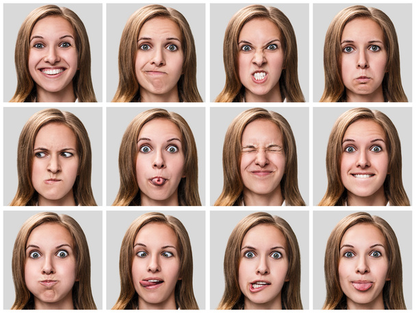 junge Frau drückt unterschiedliche Gefühle aus - Foto, Bild