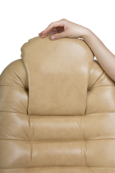 Female Hand Touching New Leather Office Boss Chair (armchair) - 写真・画像