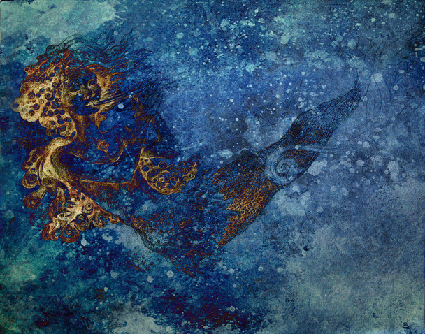 fundo abstrato com desenho sereia oceano e azul manchado padrão
. - Foto, Imagem
