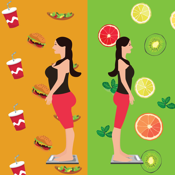 girl before and after diet change food from unhealthy to fresh fruits - Vector, Image