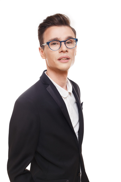 Young man in glasses portrait isolated at white - Photo, Image