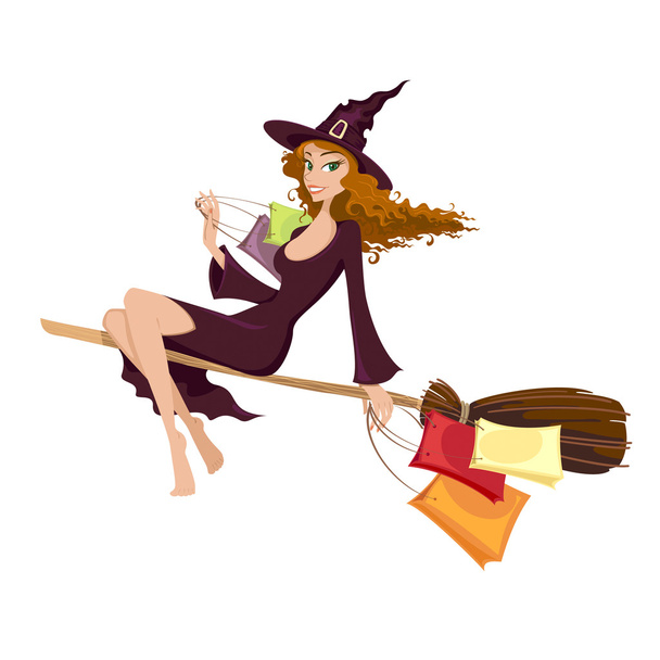 Halloween witch flying on the broom - Vector, Image