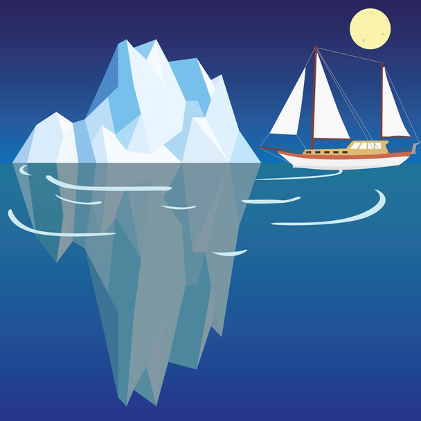 Polygonal iceberg under and above water with ship close to trouble - Διάνυσμα, εικόνα
