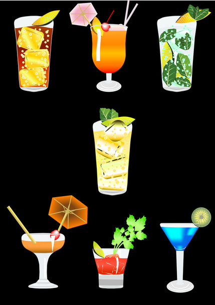 collectie van alcoholhoudende cocktails op een zwarte achtergrond - Vector, afbeelding
