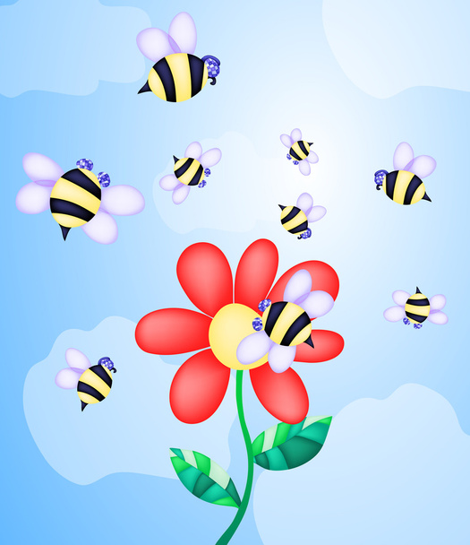 Пчелы летают рядом с цветами
 - Вектор,изображение