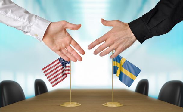 Stany Zjednoczone i Szwecja dyplomatów drżenie rąk do uzgodnienia deal, część renderowania 3d - Zdjęcie, obraz