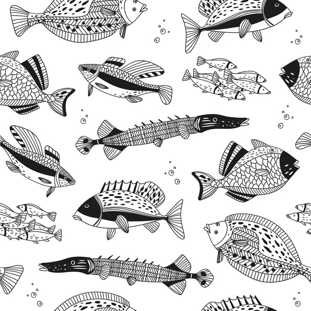 vector seamless pattern with hand drawn fish - Vector, imagen